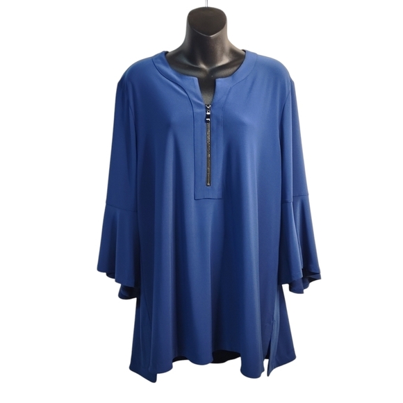 By JJ Blouse Women's Blue Flare Sleeve 1/4 Zipper Stretch Blouse Size XL - Picture 1 of 10